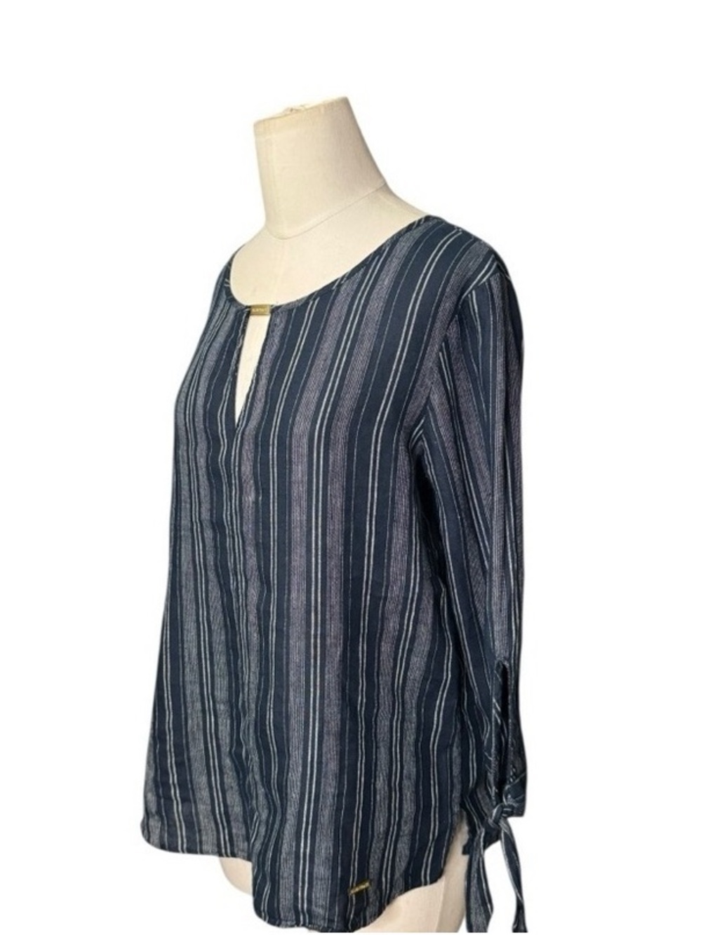 Ellen Tracy Navy and White Striped Keyhole Tie-Sleeve Blouse